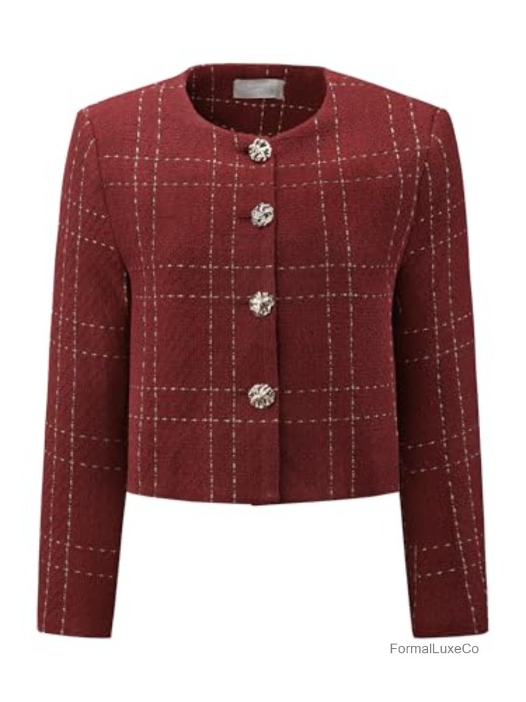 Collarless Plaid Tweed Crop Blazer Jacket